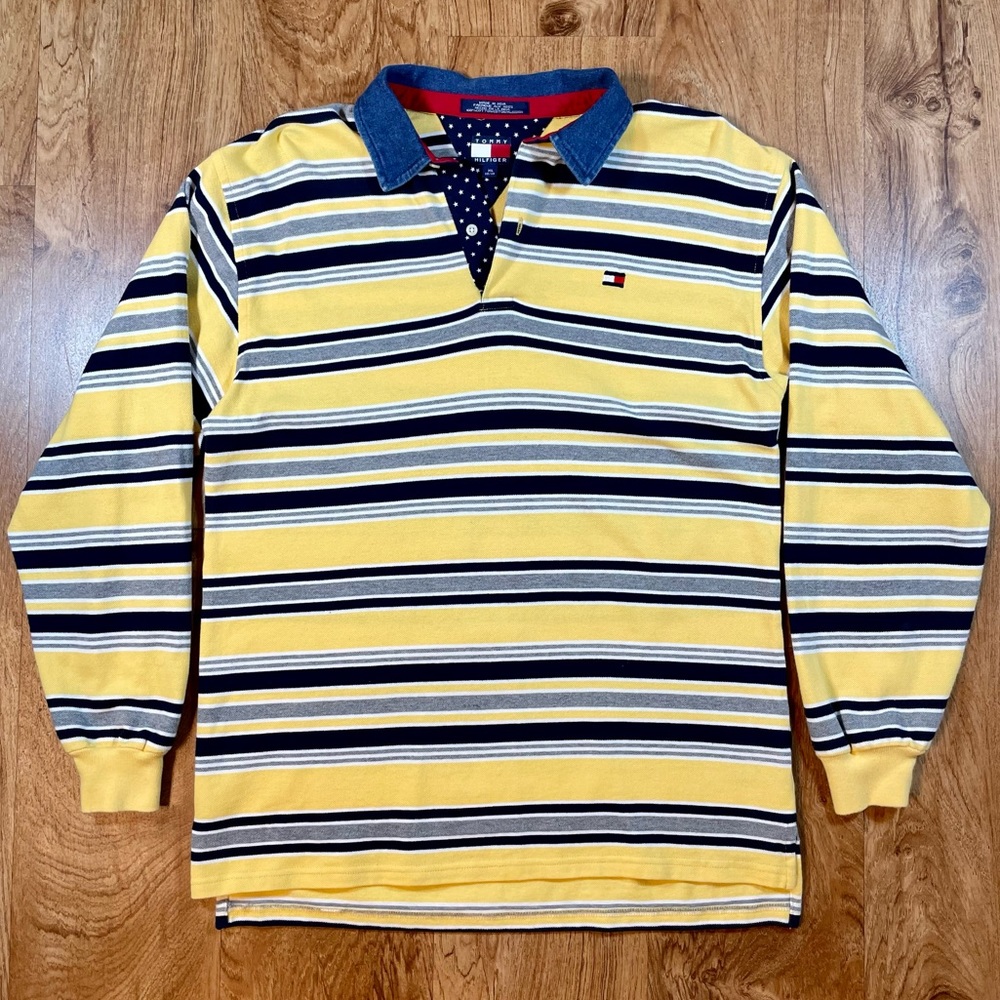 Y2K Tommy Hilfiger Striped Rugby Shirt Size XL Denim Yellow Grey Navy White